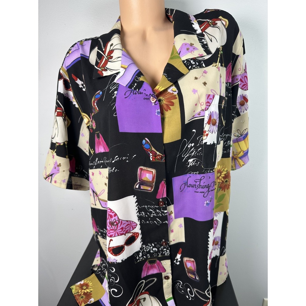 Susan Graver XL Womens Top Button Short Sleeve Girly Makeup Patch Design Colors - Picture 1 of 13